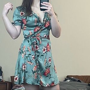 Floral Satin Green Wrap Dress